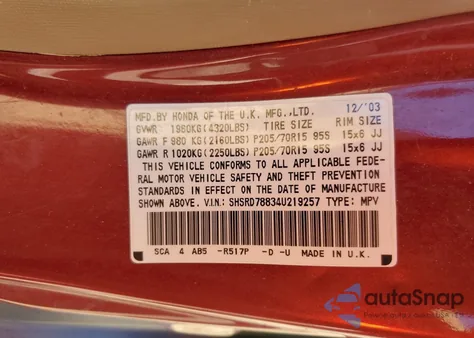 2004 Honda Cr-V Ex from USA, damaged, VIN SHSRD78834U219257